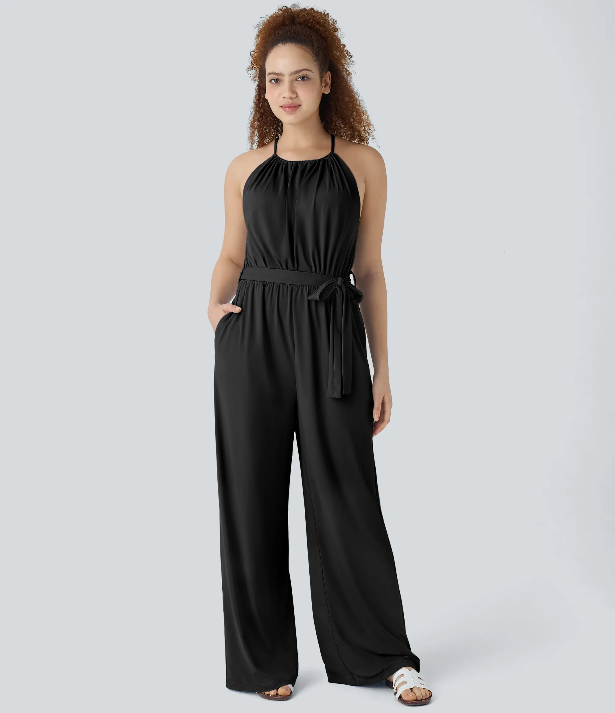 Jumpsuits<HALARA Sleeveless Tie Back Belted Pocket Wide Leg Cool Touch Jumpsuit-UPF50+