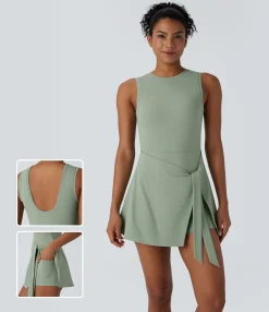 Active Dresses|Dresses<HALARA Sleeveless Wrapped Tie Front 2-in-1 Pocket Micro Mini Pickleball Active Dress