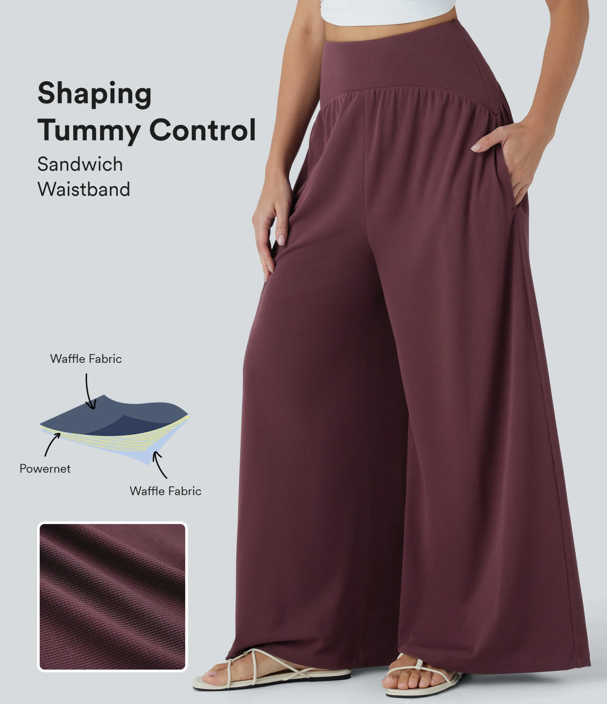 High-Waisted Pants|Wide-Leg Pants<HALARA SoCinched High Waisted Tummy Control Wide Leg Waffle Casual Pants with Pockets