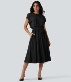 Maxi & Midi Dresses|Dresses<HALARA SoCinched Tummy Control Batwing Sleeve Flowy Midi Work Dress with Pockets