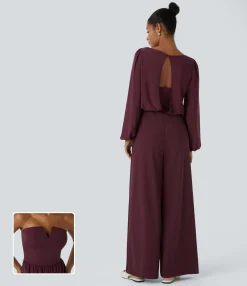 Jumpsuits<HALARA SoftlyZero™ Airy Boat Neck Long Sleeve Keyhole Back 2-in-1 Pocket Wide Leg Cool Touch Casual Jumpsuit-UPF50+