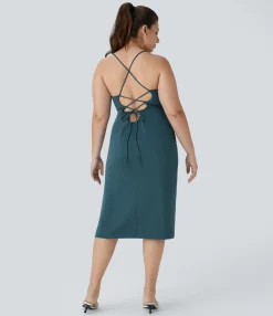 Plus Size<HALARA SoftlyZero™ Airy Crossover Ruched Lace Up Bodycon Cool Touch Plus Size Dress-UPF50+