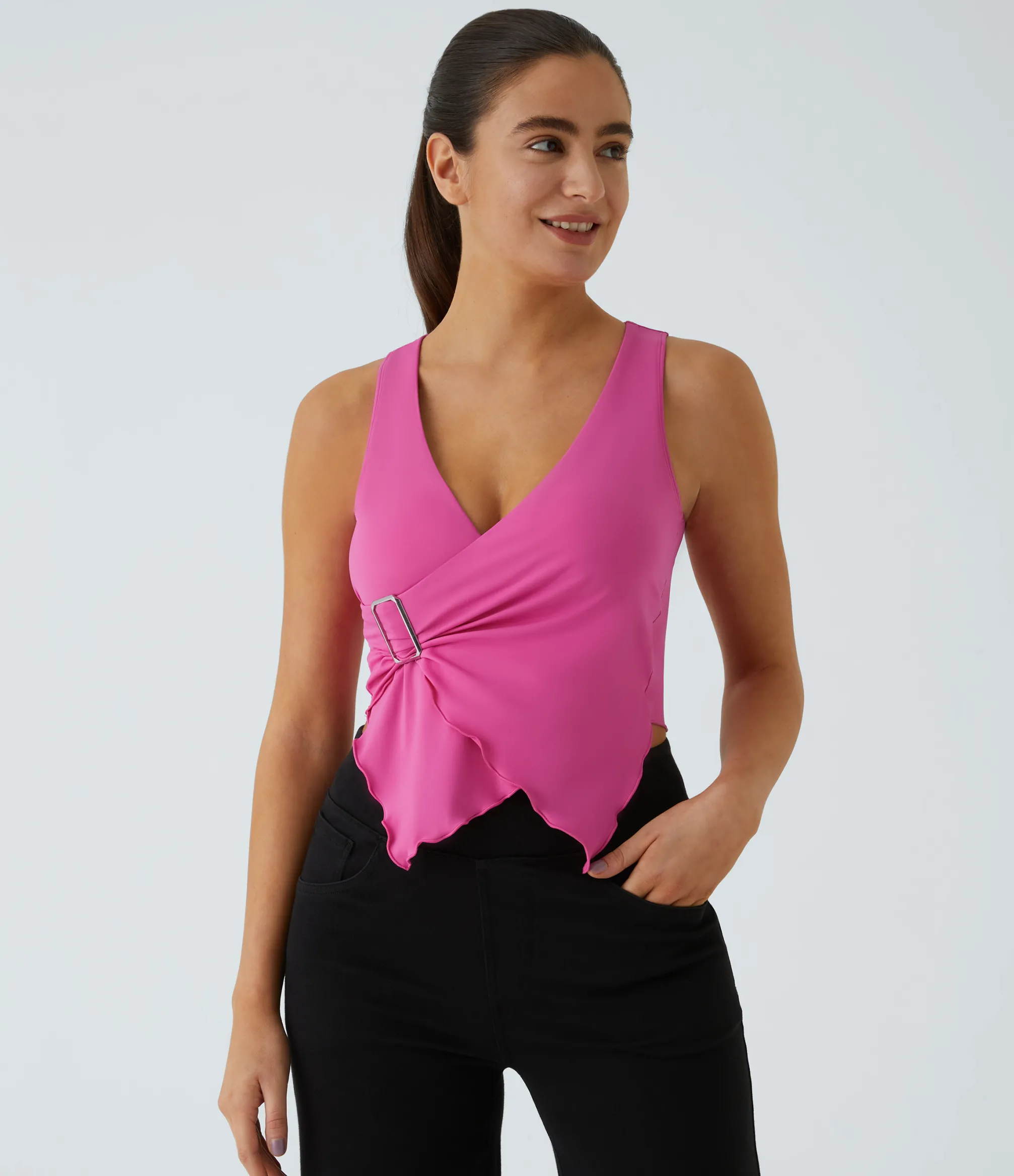 Casual Tops|Tank Tops & Camis<HALARA SoftlyZero™ Airy Deep V Neck Crossover Decorative Buckle Lettuce Trim Cool Touch Casual Vest-UPF50+