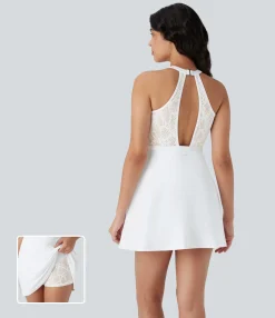 Mini Dresses|Active Dresses<HALARA SoftlyZero™ Airy Halter G-hook Contrast Lace 2-in-1 Mini Cool Touch Yoga Active Dress-UPF50+