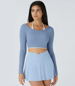 Yoga Tops|Sports Tops<HALARA SoftlyZero™ Airy Halter Long Sleeve Color Block Cropped Yoga Sports Top-UPF50+