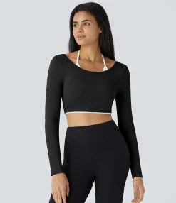 Yoga Tops|Sports Tops<HALARA SoftlyZero™ Airy Halter Long Sleeve Color Block Cropped Yoga Sports Top-UPF50+