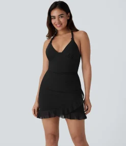 Bodycon Dresses|Mini Dresses<HALARA SoftlyZero™ Airy Halter Tie Back 2-Piece Pocket Bodycon Ruffle Hem Cool Touch Mini Casual Dress