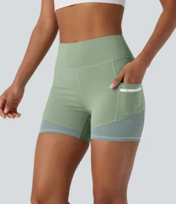 Active Shorts|Bikers<HALARA SoftlyZero™ Airy High Waisted Reflective Line Contrast Perforated Pocket Cool Touch Yoga Biker Shorts 4''-UPF50+
