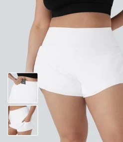 Plus Size<HALARA SoftlyZero™ Airy High Waisted Ruched Curved Hem 2-in-1 Cool Touch Yoga Plus Size Shorts with Pockets