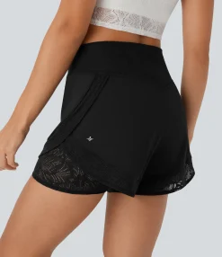 Active Shorts|Shorts<HALARA SoftlyZero™ Airy High Waisted 2-in-1 Pocket Contrast Lace Cool Touch Yoga Shorts-UPF50+