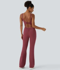 Jumpsuits<HALARA SoftlyZero™ Airy Ruched Sleeveless Flare Skinny Cool Touch Yoga Jumpsuit-UPF50+