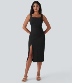 Bodycon Dresses|Maxi & Midi Dresses<HALARA SoftlyZero™ Airy Square Neck Corset Ruched Bodycon Midi Cool Touch Dress-D/DD/DDD/F Cups