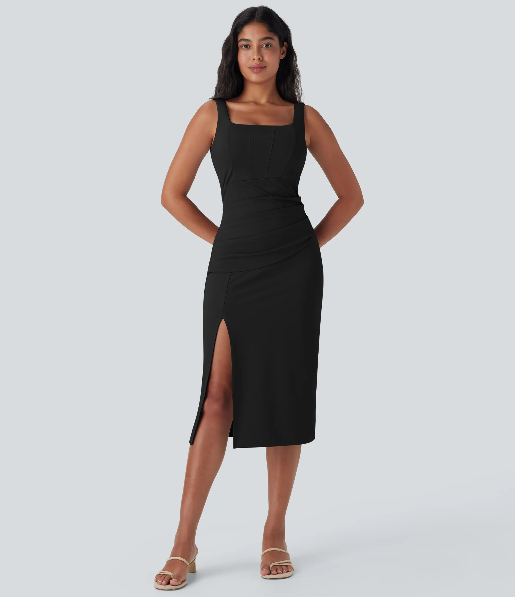 Bodycon Dresses|Maxi & Midi Dresses<HALARA SoftlyZero™ Airy Square Neck Corset Ruched Bodycon Midi Cool Touch Dress-D/DD/DDD/F Cups