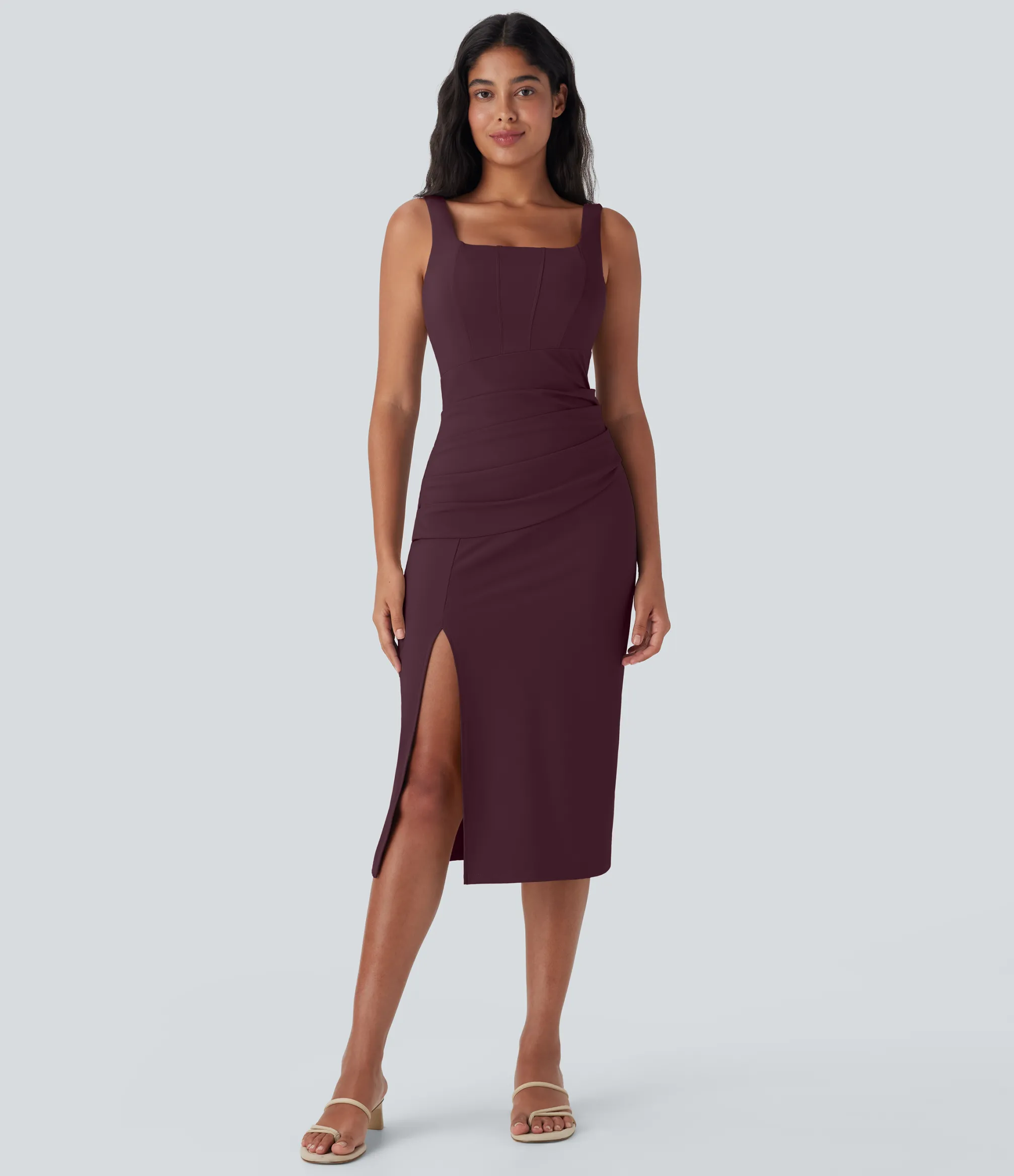 Bodycon Dresses|Maxi & Midi Dresses<HALARA SoftlyZero™ Airy Square Neck Corset Ruched Bodycon Midi Cool Touch Dress-D/DD/DDD/F Cups