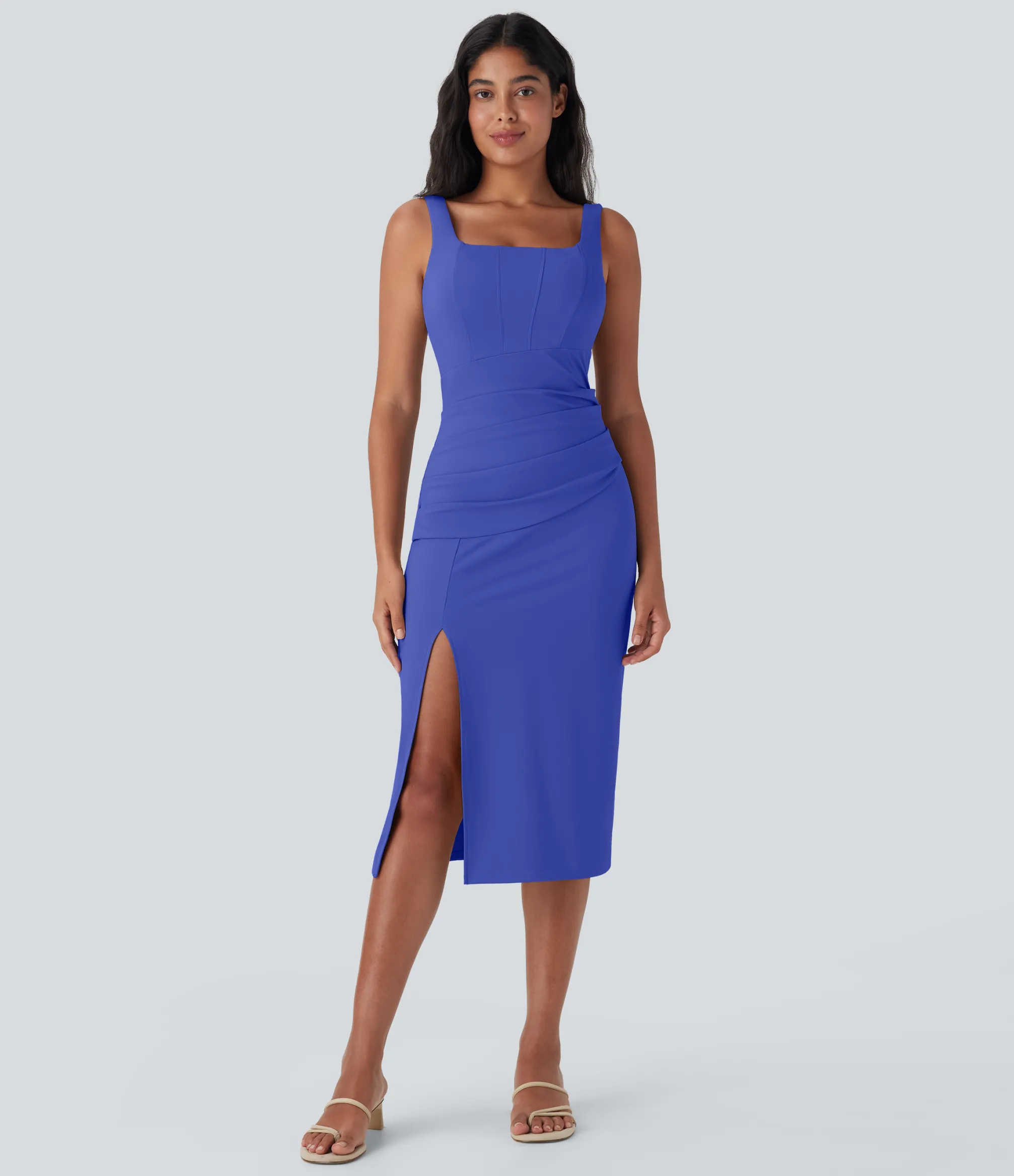 Bodycon Dresses|Maxi & Midi Dresses<HALARA SoftlyZero™ Airy Square Neck Corset Ruched Bodycon Midi Cool Touch Dress-D/DD/DDD/F Cups