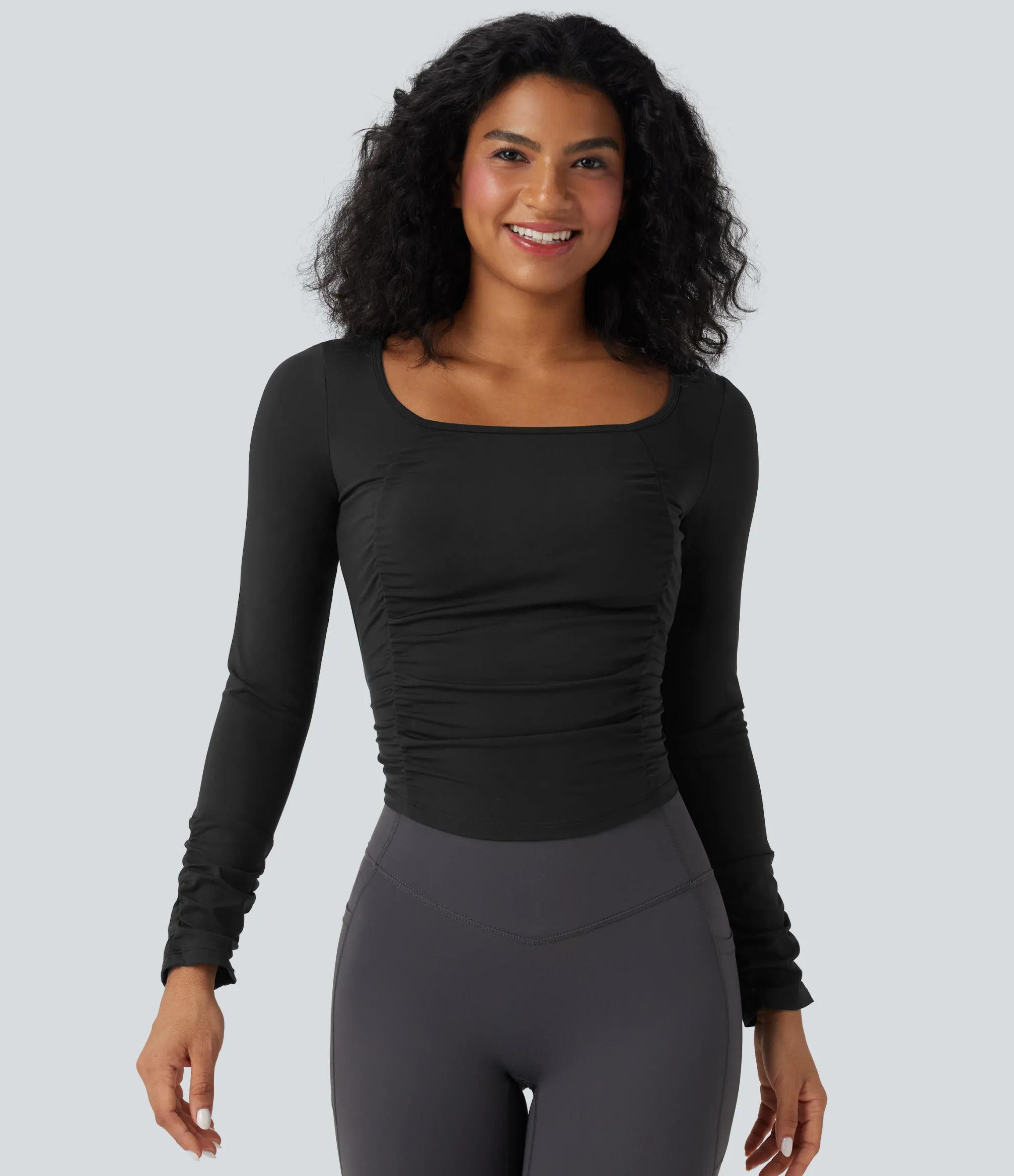Sports Tops|Sports Tops<HALARA SoftlyZero™ Airy Square Neck Long Sleeve Ruched Cool Touch Workout Sports Top