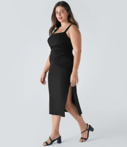 Plus Size<HALARA SoftlyZero™ Airy Square Neck Ruched Midi Cool Touch Plus Size Dress-UPF50+