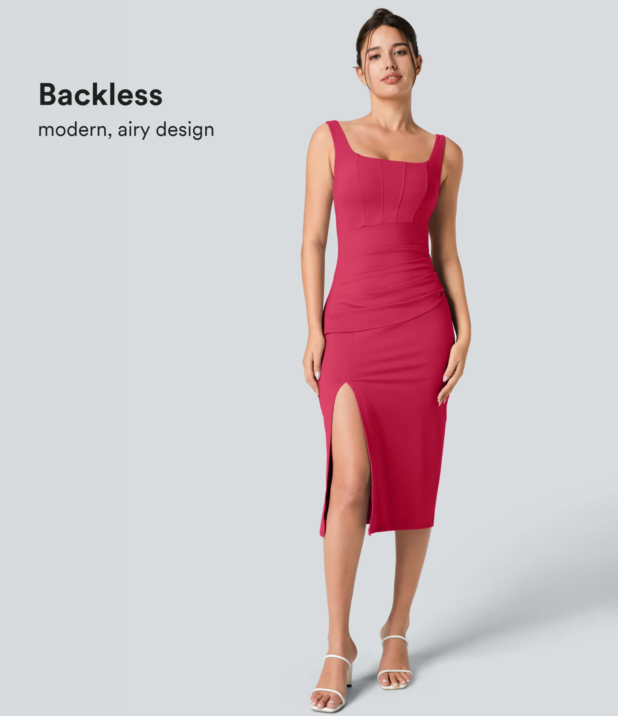 Maxi & Midi Dresses|Bodycon Dresses<HALARA Softlyzero™ Airy Square Neck Backless Corset Ruched Split Bodycon Midi Cool Touch Bridesmaid and Wedding Guest Dress
