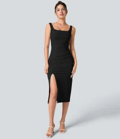 Maxi & Midi Dresses|Bodycon Dresses<HALARA Softlyzero™ Airy Square Neck Backless Corset Ruched Split Bodycon Midi Cool Touch Bridesmaid and Wedding Guest Dress