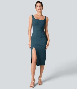 Maxi & Midi Dresses|Bodycon Dresses<HALARA Softlyzero™ Airy Square Neck Backless Corset Ruched Split Bodycon Midi Cool Touch Bridesmaid and Wedding Guest Dress