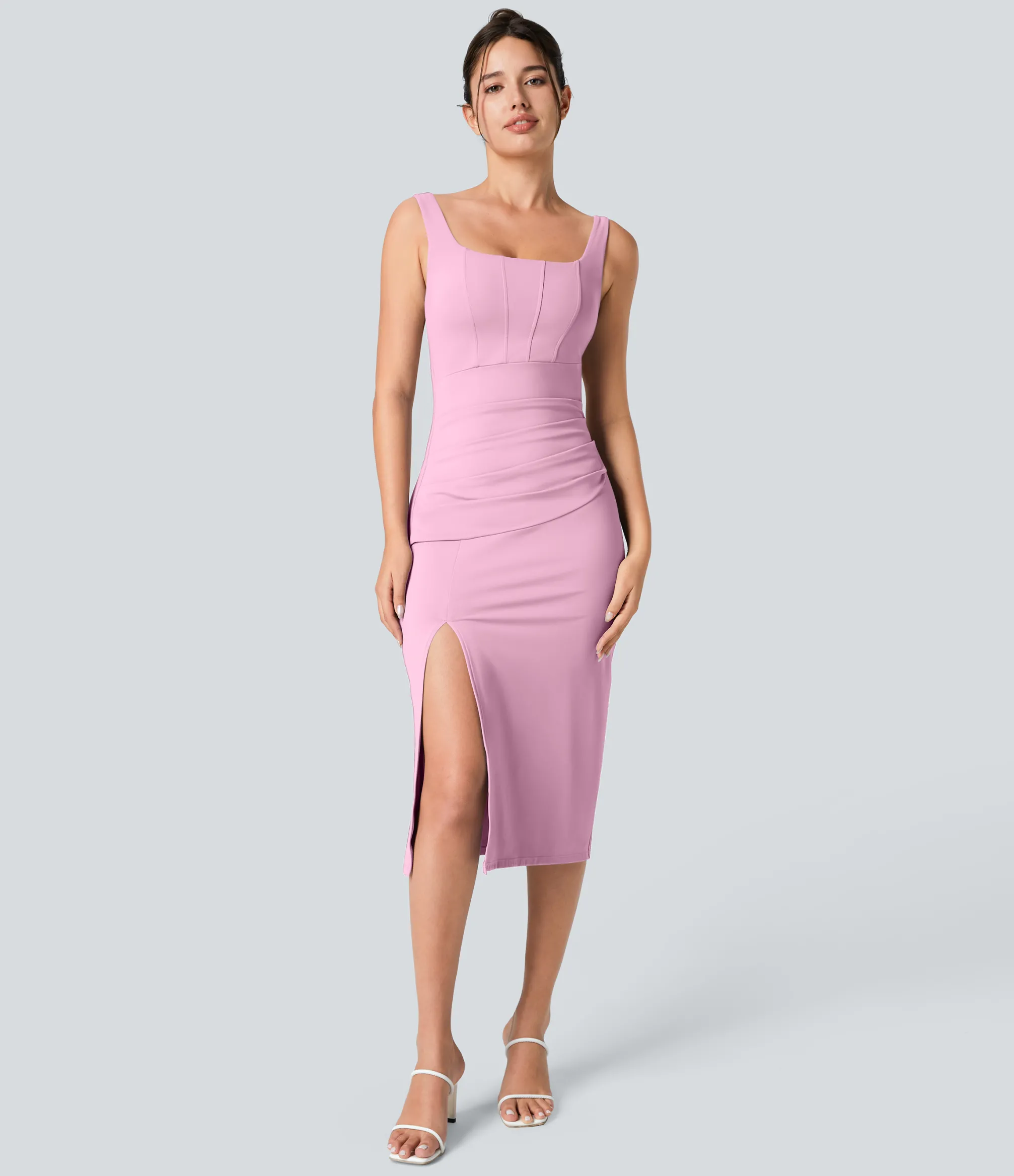 Maxi & Midi Dresses|Bodycon Dresses<HALARA Softlyzero™ Airy Square Neck Backless Corset Ruched Split Bodycon Midi Cool Touch Bridesmaid and Wedding Guest Dress