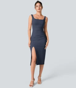 Maxi & Midi Dresses|Bodycon Dresses<HALARA Softlyzero™ Airy Square Neck Backless Corset Ruched Split Bodycon Midi Cool Touch Bridesmaid and Wedding Guest Dress