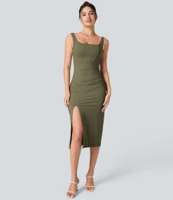 Maxi & Midi Dresses|Bodycon Dresses<HALARA Softlyzero™ Airy Square Neck Backless Corset Ruched Split Bodycon Midi Cool Touch Bridesmaid and Wedding Guest Dress