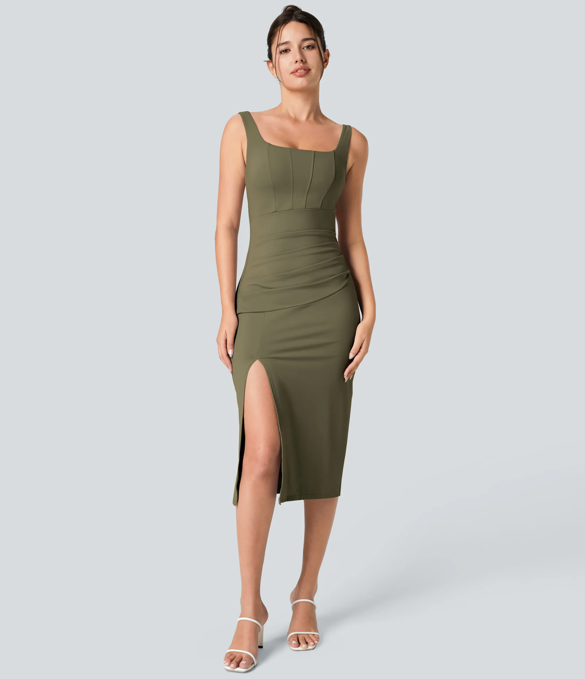 Maxi & Midi Dresses|Bodycon Dresses<HALARA Softlyzero™ Airy Square Neck Backless Corset Ruched Split Bodycon Midi Cool Touch Bridesmaid and Wedding Guest Dress