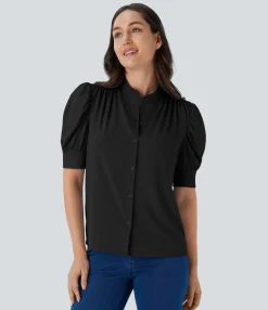 Casual Tops|Shirts Blouses<HALARA SoftlyZero™ Airy Stand Collar Puff Half Sleeve Cool Touch Casual Blouse