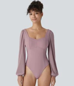 Bodysuits<HALARA SoftlyZero™ Airy Sweetheart Neck Contrast Mesh Bishop Sleeve Cool Touch Casual Bodysuit-UPF50+