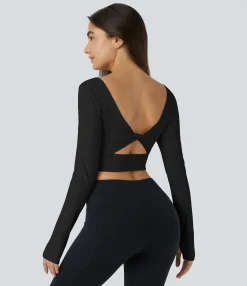 Casual Tops|Yoga Tops<HALARA SoftlyZero™ Airy U Neck Cut Out Thumb Hole Cropped Cool Touch Yoga Sports Top-UPF50+