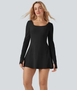 Active Dresses|Dresses<HALARA SoftlyZero™ Airy U Neck Long Sleeve Thumb Hole 2-in-1 Cool Touch Mini Dance Active Dress with Pockets-Easy Peezy