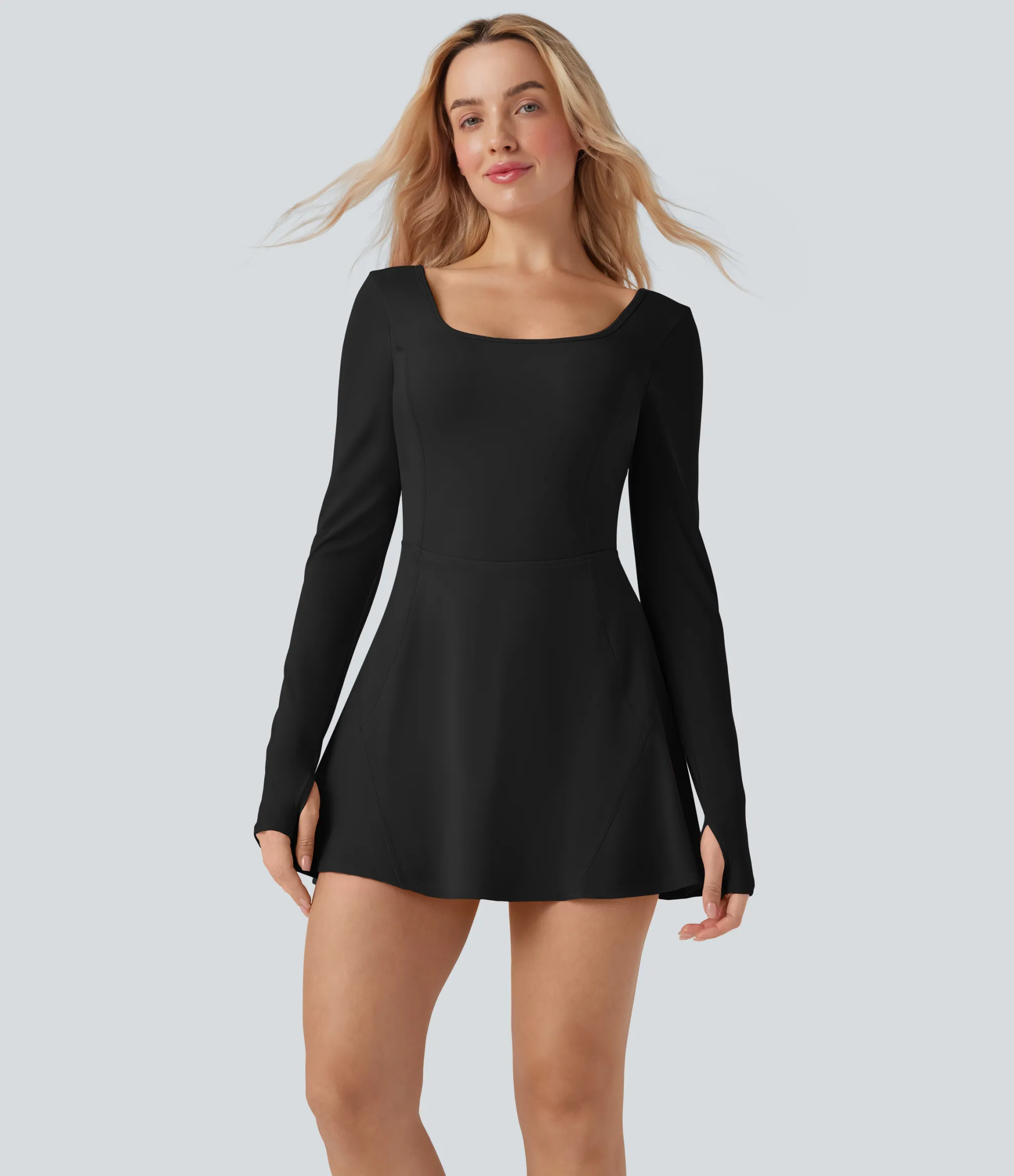 Active Dresses|Dresses<HALARA SoftlyZero™ Airy U Neck Long Sleeve Thumb Hole 2-in-1 Cool Touch Mini Dance Active Dress with Pockets-Easy Peezy