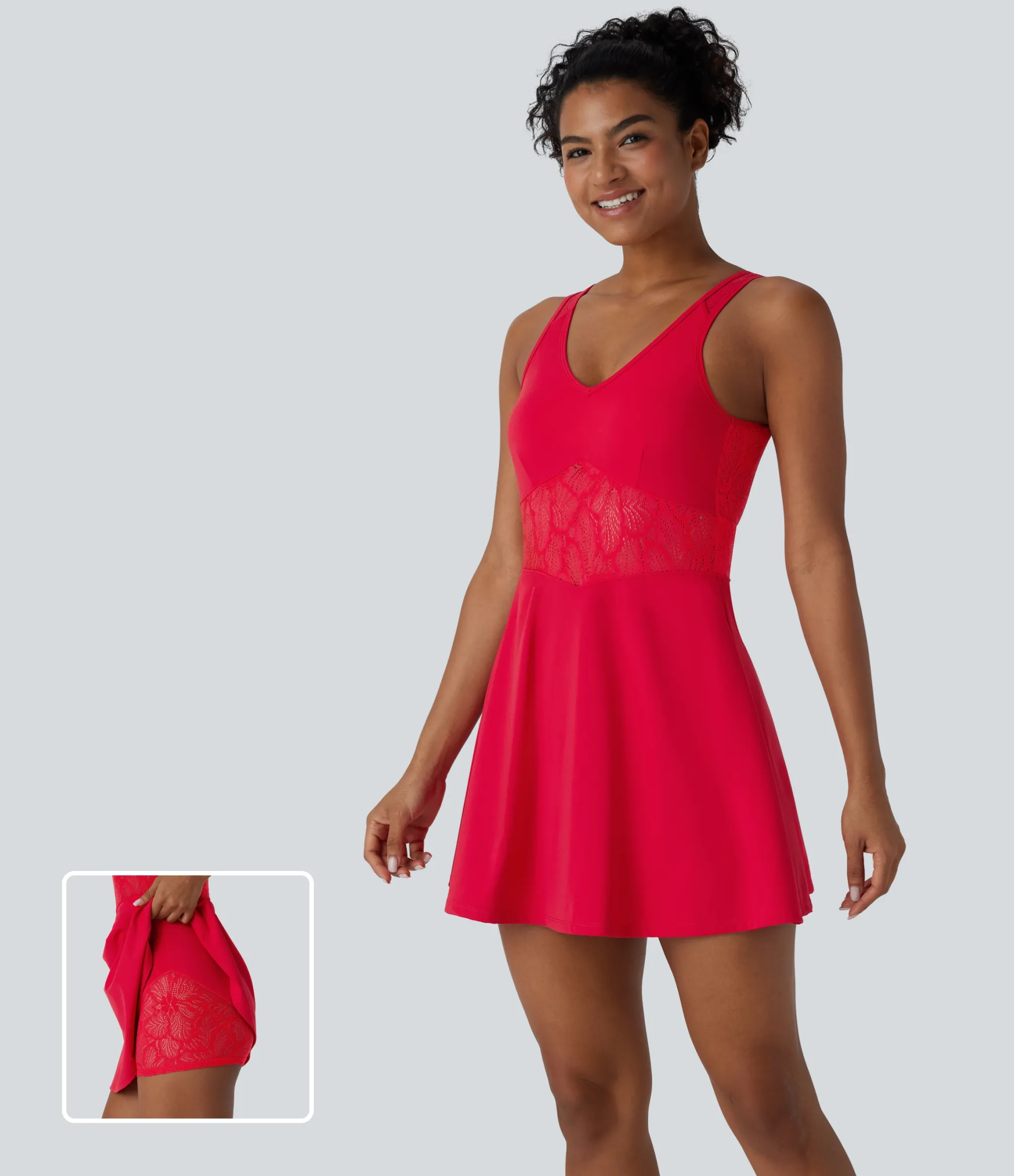 Mini Dresses|Active Dresses<HALARA SoftlyZero™ Airy V Neck Contrast Lace 2-in-1 Cool Touch Mini Yoga Active Dress-UPF50+
