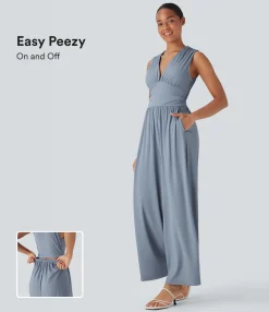Jumpsuits<HALARA SoftlyZero™ Airy V Neck Sleeveless Ruched Pocket Cool Touch Casual Jumpsuit-Easy Peezy