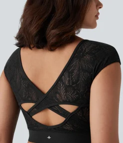 Yoga Tops|Sports Tops<HALARA SoftlyZero™ Contrast Lace Crossover Hem Cropped Yoga Sports Top-UPF50+