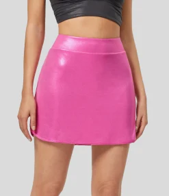 Mini Skirts|Casual Skirts<HALARA SoftlyZero™ Faux Leather High Waisted 2-in-1 Pocket Curved Hem Metallic Foil Print Stretchy Bodycon Mini Skirt