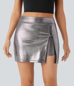 Mini Skirts|Skirts<HALARA SoftlyZero™ Faux Leather High Waisted Zipper 2-in-1 Metallic Foil Print Stretchy Bodycon Mini Skirt