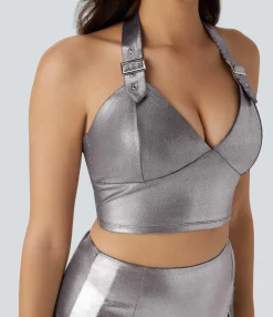 Tank Tops & Camis|Tank Tops<HALARA SoftlyZero™ Faux Leather Halter Cropped Metallic Foil Print Stretchy Tank Top