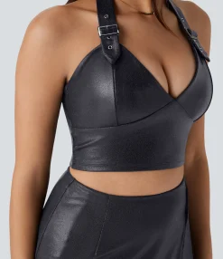 Tank Tops & Camis|Tank Tops<HALARA SoftlyZero™ Faux Leather Halter Cropped Metallic Foil Print Stretchy Tank Top