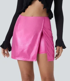 Mini Skirts|Skirts<HALARA SoftlyZero™ Faux Leather High Waisted Hem 2-in-1 Pocket Metallic Foil Print Stretchy Bodycon Mini Skirt