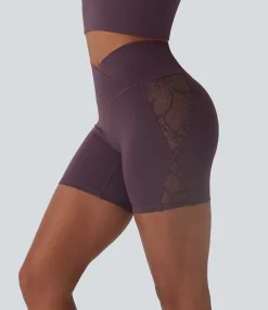 Crossover Shorts|5'' Shorts<HALARA SoftlyZero™ High Waisted Crossover Contrast Lace Pocket Yoga Biker Shorts 5''-UPF50+