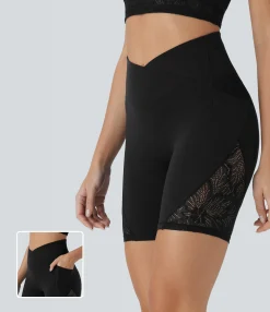 Active Shorts|Bikers<HALARA Softlyzero™ High Waisted Crossover Contrast Lace Yoga Biker Shorts 7'' with Pockets-UPF50+