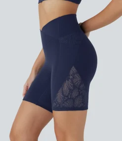 Active Shorts|Bikers<HALARA Softlyzero™ High Waisted Crossover Contrast Lace Yoga Biker Shorts 7'' with Pockets-UPF50+