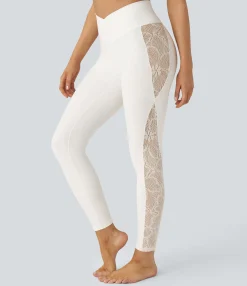 Pocket Leggings|Crossover Leggings<HALARA SoftlyZero™ High Waisted Crossover Contrast Lace Pocket Yoga Leggings-UPF50+