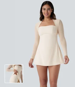 Mini Dresses|Active Dresses<HALARA SoftlyZero™ Plush Contrast Mesh Long Sleeve 2-Piece Pocket Mini Dance Dress