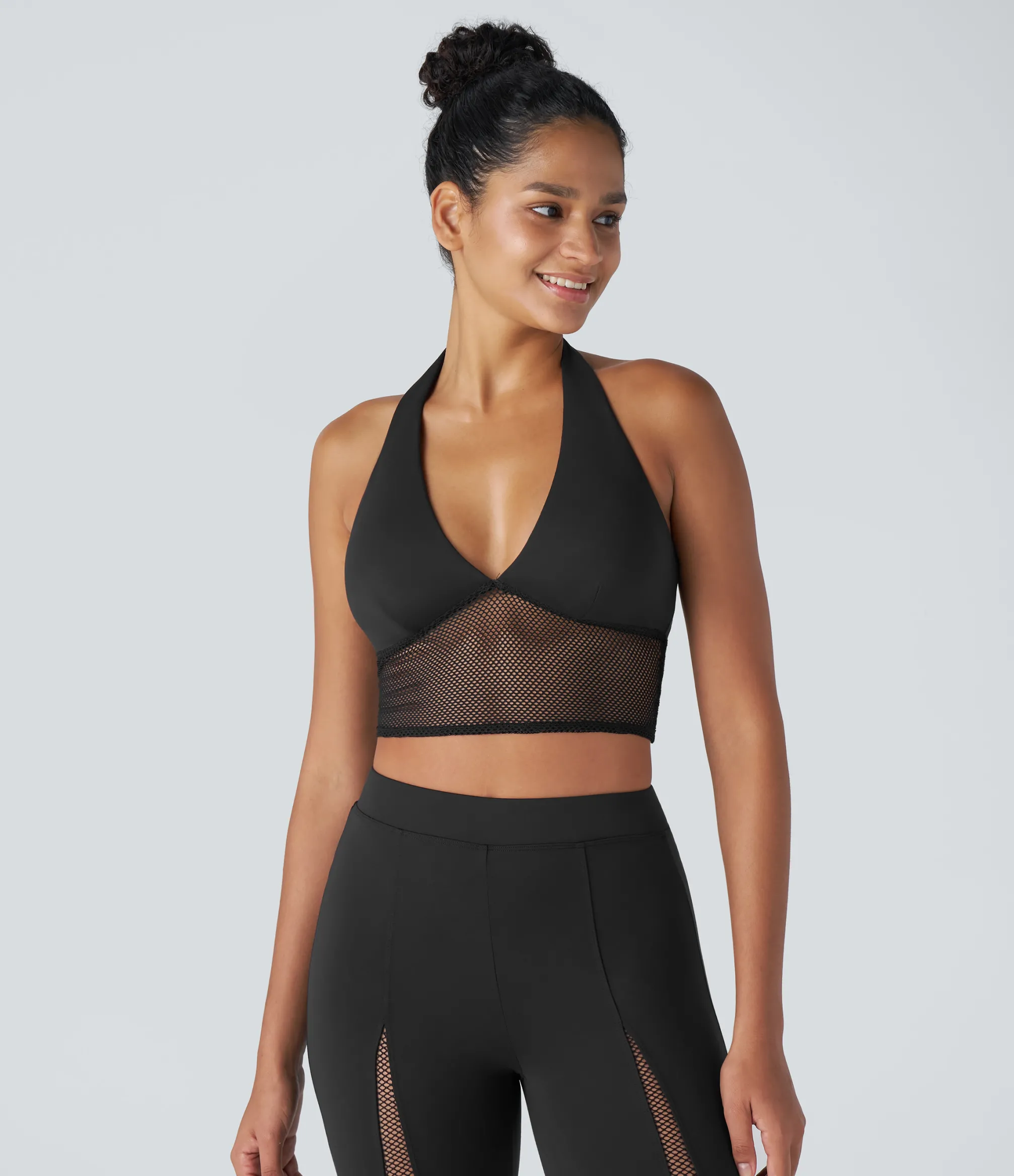 Casual Tops|Sports Tops<HALARA SoftlyZero™ Plush Halter Contrast Mesh Cropped Casual Sports Top