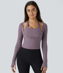 Yoga Tops|Sports Tops<HALARA SoftlyZero™ Plush Halter Thumb Hole Long Sleeve 2-in-1 Yoga Sports Top