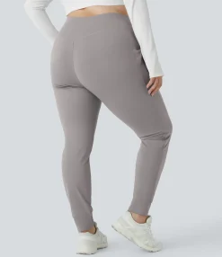 Plus Size<HALARA SoftlyZero™ Plush High Waisted Drawstring Pocket Plain Full Length Cool Touch Plus Size Joggers-UPF50+
