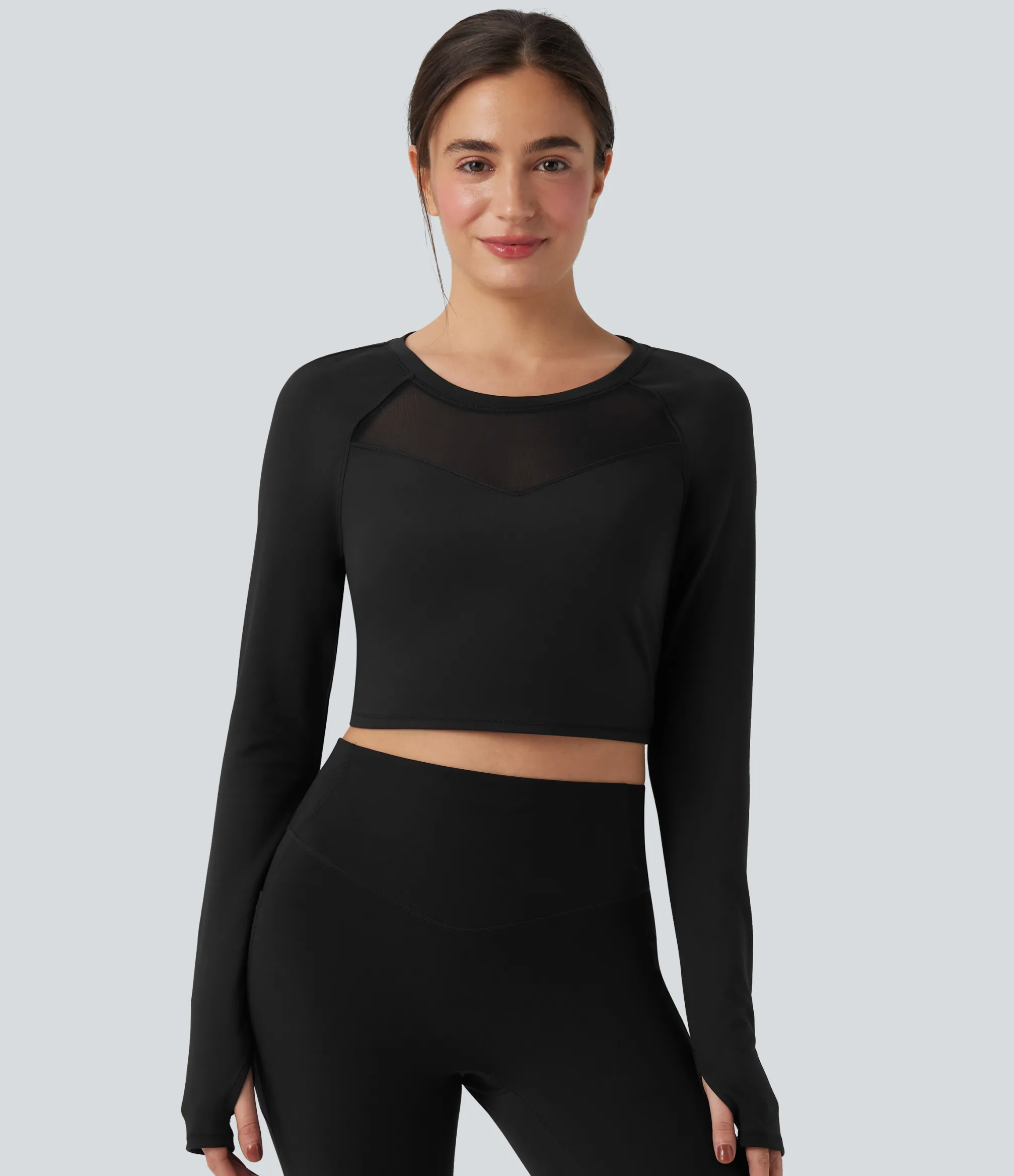 Sports Tops|Sports Tops<HALARA SoftlyZero™ Plush Long Sleeve Thumb Hole Contrast Mesh Cropped Yoga Sports Top